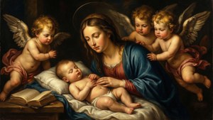 Barockes Meisterwerk von Maria und Engeln, die über das schlafende Christkind wachen