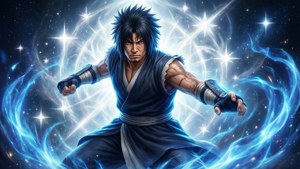 Jin Kazama med en blå energi aura mod en stjernefyldt baggrund.