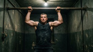 Yuri Boyka trener med pull-ups i fengselscellen sin