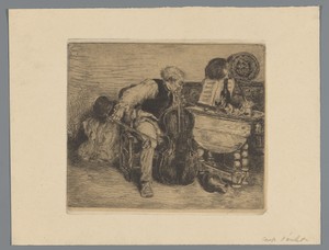 Cellist by Willem Linnig (II), created 1852 - 1890, in paper; chine collé; etching; intaglio printmaking technique. Download this artwork as a high-resolution w — Willem Linnig (II) Wallpaper