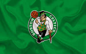 Boston Celtics logo with leprechaun holding basketball on green satin. — Celtics Logo Picture