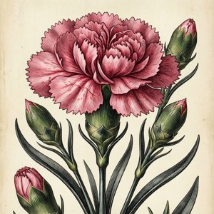 Neliönmuotoinen taustakuva, jossa on keskitetty neilikkakaiverrus Wirsingin vuoden 1768 kasvitieteellisestä levystä.