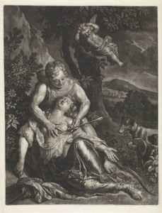 Cephalus en Procris by Jan Broedelet, created 1670 - 1700, in paper; engraving; mezzotint. Download this artwork as a high-resolution wallpaper for desktop, tab — Art Picture