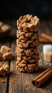 Stacked Cinnamon Toast Crunch pieces on wood with cinnamon sticks