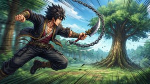 Raizo usa la sua falce a catena per arrampicarsi attraverso la foresta.