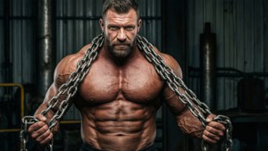 Bodybuilder met ketting, industriële grunge, donkere en stoere esthetiek.