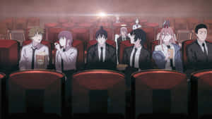 Anime-Gruppe schaut Film im Kino mit Popcorn und Getränken. — Chainsaw Man Power Wallpaper