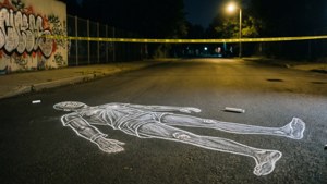 Garis kapur tubuh di aspal dengan pita kuning tempat kejadian perkara di latar belakang, suasana malam perkotaan.