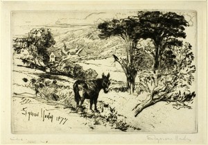 Challow Farm by Francis Seymour Haden, created c. 1877, in Drypoint on copper printed on ivory laid paper. Download this artwork as a high-resolution wallpaper — Illustration Wallpaper