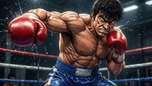 Dynamisk actionbild av Ippo i ringen som kastar en vänsterkrok