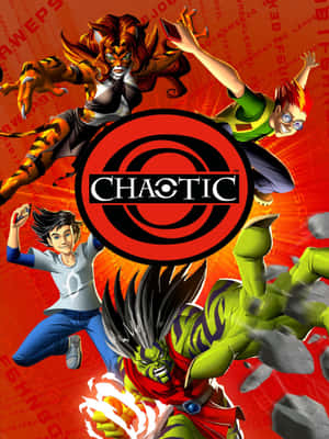 Anime characters in action around a red chaotic logo on fiery background. — Chaotic Picture