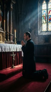Antonio da Cremona i bønn i et levende opplyst kapell med lys fra glassmalerier