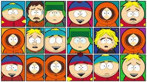 Kolase wajah karakter South Park dengan gaya pop art.