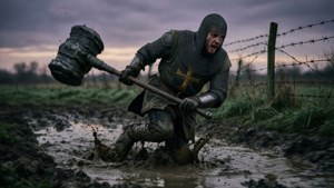 Dynamisk angreb af en korsfarer med en plejl gennem mudrede skyttegrave, apokalyptisk stemning.