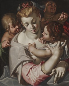 Charity by Abraham Bloemaert, created c. 1590, in oil on wood. Download this artwork as a high-resolution wallpaper for desktop, tablet, or mobile. — Abraham Bloemaert Wallpaper