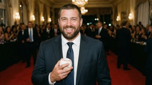 Schwarber de terno em evento de caridade, sorrindo, segurando uma bola de beisebol