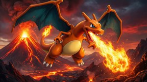 Charizard zweeft boven een vulkaan met vurige adem, een episch wallpaper voor Pokemon-fans.