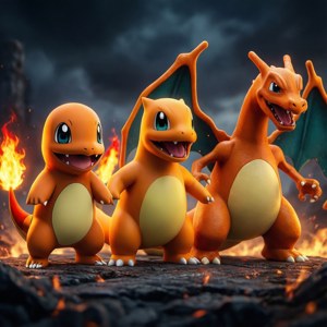 The complete evolution line of Charmander in one scene.