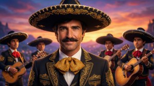 Antonio in einem Charro-Anzug mit einer Mariachi-Band bei Sonnenuntergang.