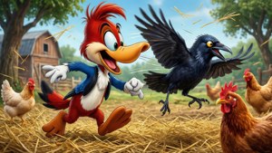 Cartoon woodpecker running through hay near chickens and a crow on a farm. — Woody Woodpecker Wallpaper