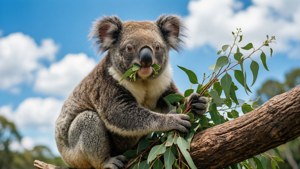 Koala, der fröhlich Eukalyptusblätter unter einem hellblauen Himmel kaut.