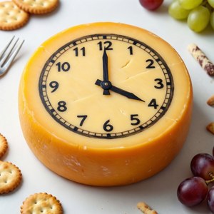 Una ruota di formaggio con un quadrante di orologio, circondata da piccoli snack in piena luce.