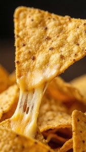 Macro d’un nacho avec un fil de fromage filant, détaillé et appétissant.