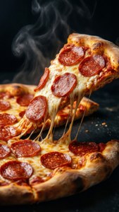 Mundwässernde Nahaufnahme eines Pepperoni-Pizzastücks mit dehnbarem Käse.