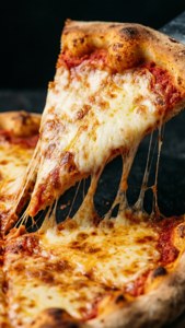 Een dramatische kaasreep-opname van een pizzapunt, die de rekbare mozzarella benadrukt.