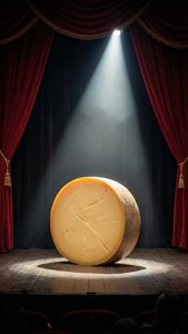 Uma roda de queijo no palco sob um holofote com cortinas vermelhas, clima teatral.