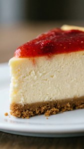Cremosa cheesecake New York con salsa di fragole macro.