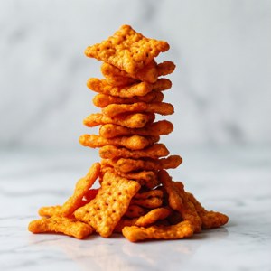 Minimalistisk komposition av staplade Hot Cheetos på marmor.
