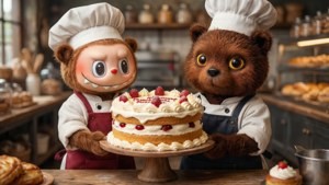Bubu et Dudu en adorables chefs avec un gâteau géant dans une boulangerie.