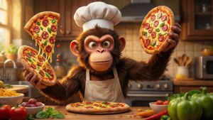 Kokkende apekokk fra Bloons TD 6 som lager bloon-pizzaer.