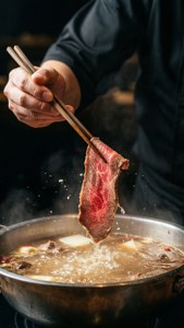 Dramatisk sidebillede af kok, der dypper oksekød i shabu-shabu-bouillon, spotlight-effekt.