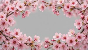 Herkkä kirsikankukka oksa reunus pehmeässä vaaleanpunaisessa, japanilaisvaikutteinen.