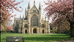 Kirsebærblomster i Winchester Cathedral close tidlig på våren