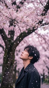 Menma di bawah pohon bunga sakura raksasa dengan kelopak yang berjatuhan