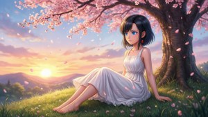 Android 18 finds peace in nature under a blooming cherry blossom tree. — Android 18 Wallpaper
