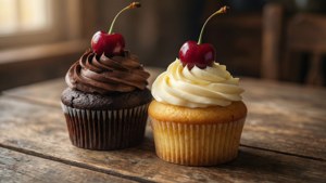 Two cupcakes with cherries, chocolate and vanilla, on wooden table, cozy and real.
