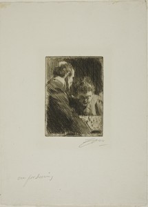 Chess-Players by Anders Zorn, created 1891, in Etching on ivory laid paper. Download this artwork as a high-resolution wallpaper for desktop, tablet, or mobile. — Illustration Wallpaper