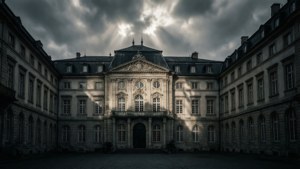 Lumière et ombre dramatiques sur le Palais Grand-Ducal en noir et blanc.