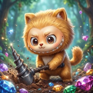 Chibi Boota yang imut menggali dengan bor dan menemukan batu permata.
