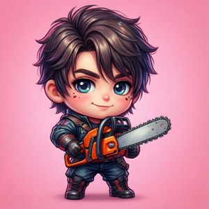 En søt chibi Gilbert Nightray som holder en liten motorsag.
