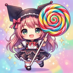 Chibi Kurumi med en klubba i pastell kawaii-stil.