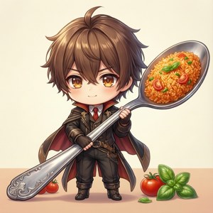Sød chibi Takumi Aldini med kæmpeske i pastelfarver.