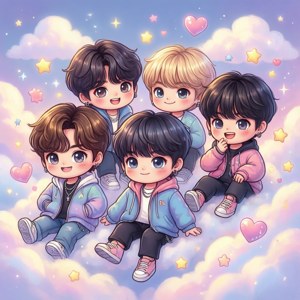 Chibi mignon BTS sur des nuages