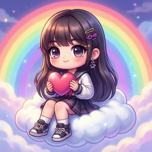 Chibi-kæreste sidder på en sky og holder et hjerte.