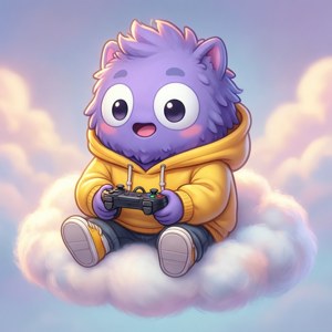 Chibi Clyde yang lucu duduk di atas awan dengan kontroler game, warna pastel.