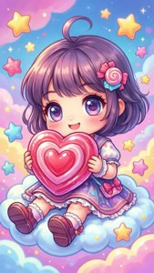 Lindísimo chibi Corazon con un caramelo de corazón sobre una nube.